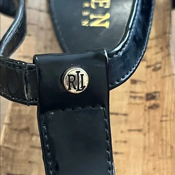 Lauren Ralph Lauren Rosalia T-strap Black Patent  Thong Cork Wedge Sandal - Picture 7 of 8